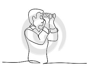 Man looking into distance with binoculars. Continuous one line drawing