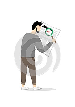 Man looking for fake news in a newspaper with a magnifier, isolated on a white background vertical vector illustration