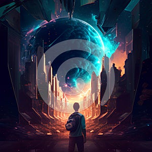 Man looking at the future of the planet. 3D rendering.