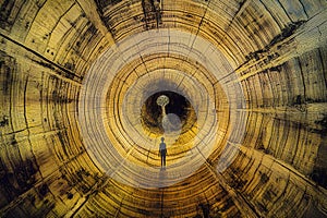A man looking at a hole in a wooden board. Conceptual image photo