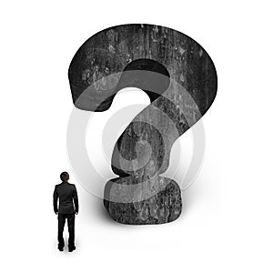 Man looking at huge 3D concrete question mark white background