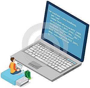 Man looking at laptop screen with program code. Programmer coding new project on laptop