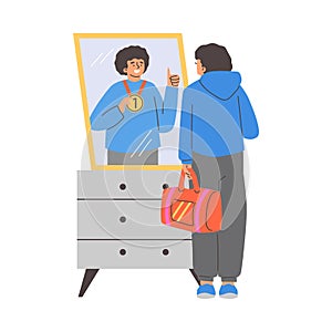 Man looking in the mirror, imagines himself a winner, in reflection the first place medal sportsman vector illustration