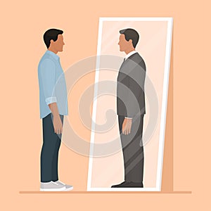 Man looking at the mirror and seeing himself as a successful businessman