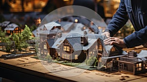 Man looking at model of house on table in the night city