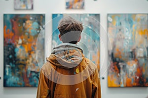 man looking at oil painting in an art gallery