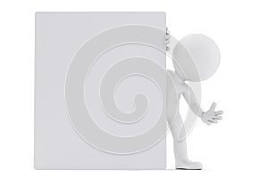 Man looking out from behind the blank board. 3D illustration. Isolated