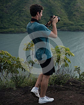 Man Looking out at Crouching Lion Hike on Oahu, Hawaii