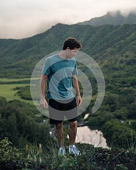 Man Looking out at Crouching Lion Hike on Oahu, Hawaii