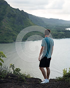 Man Looking out at Crouching Lion Hike on Oahu, Hawaii