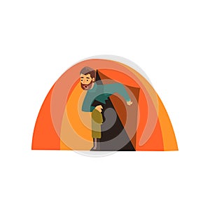 Man looking out of tent, outdoor adventures, travel, camping, backpacking trip or expedition vector Illustration