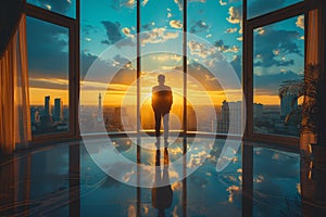 a man looking out of the window towards cityscape at sunset