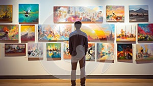 Man looking at pictures in art gallery, rear view