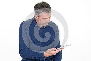 Man looking screen digital tablet computer isolated on white background