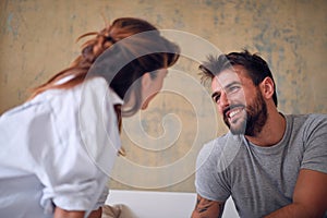 Man looking seduce loving woman