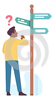 Man looking at signpost. Choosing right way concept