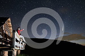 Man looking at stars on sky at night.