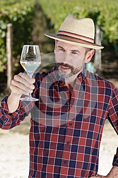 Man looking before tasting white wine