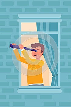 Man looking through telescope in window illustration isolated on blue background