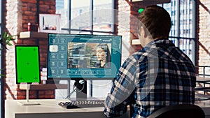 Man looking at tutorial on mockup tablet to learn how to use text to video AI