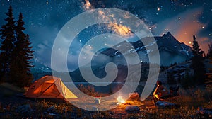 Man looking up at stars next to campfire and tent at night adventure Background AI generated