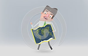 Man looking at world map paper. 3d illustration