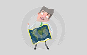 Man looking at world map paper. 3d illustration. Isolated.