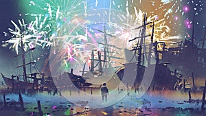 Man looking at wreck ships and fireworks