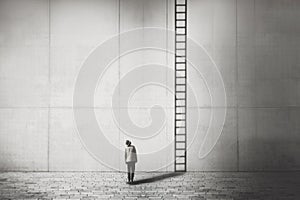 man looks amazed at a surreal shadow of a ladder projected on a high wall in the street, concept of business and success