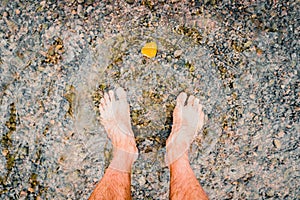 Man looks at his feet submerged in the water of a river on the pebbles