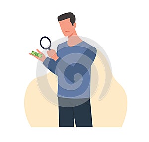 Man looks through magnifying glass at small bill, frustrated by small paycheck. Low salary. Sad businessman, financial