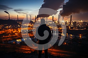 Man looks at the pipes of factory at night polluting the air