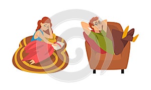 Man Lounging in Armchair Daydreaming and Woman Reading Book Staying Home Vector Set