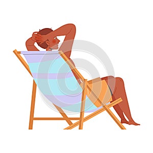 Man Lounging in Deck Chair on Beach Enjoying Summer Vacation and Seaside Rest Vector Illustration