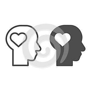 Man in love line and solid icon. Heart shape in human head symbol, outline style pictogram on white background