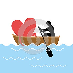 Man and love and ride in boat. Lovers of sailing. Man rolls hea