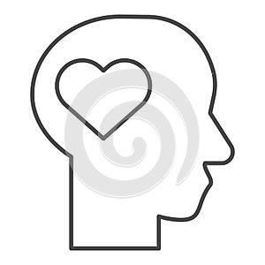 Man in love thin line icon. Heart shape in human head symbol, outline style pictogram on white background. Relationship