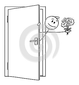 Man or Lover Sticking Out of the Door With Flowers ,Valentine Vector Cartoon Stick Figure Illustration