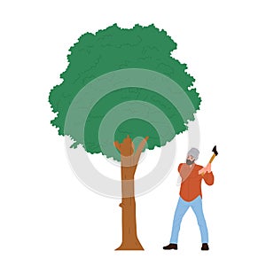 Man lumberjack cartoon character cutting down tree vector illustration isolated on white background