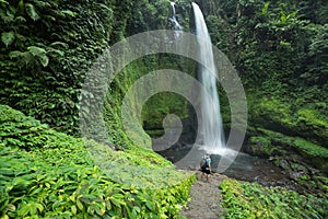 Man by lush green tropical Rain forest waterfall