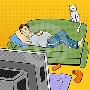 Man lying on couch watching TV comic book style