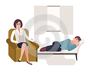 Man lying down on couch and female psychologist, psychoanalyst or psychotherapist sitting in chair beside him with