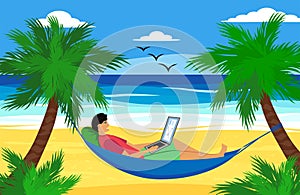 Man lying on a hammock with a laptop with a tropical cocktail. Freelancer and palms, remote work concept