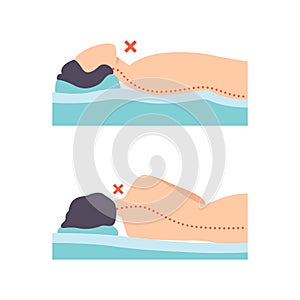 Man Lying in Incorrect Sleeping Pose for Neck and Spine Vector Set