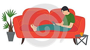 A man lying on the sofa, holding a smartphone. Relaxing at home concept vector flat design