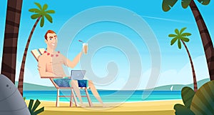 Man lying on sunbed with notebook and drinks tropical cocktail. Remote working concept