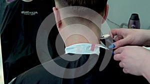 Man machine barbershop young haircut getting hairstyle hair caucasian hairdresser, for customer style from trimmer for