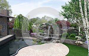 Man-made nature scene of secret corner in the garden, 3D illustration