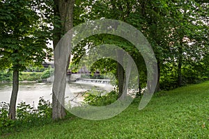 Man-made Waterfall on Mohawk River at Bellamy Harbor Park, Rome, New York (closeup