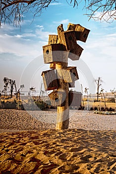 Man-made wooden bird nest at Love Lake Dubai